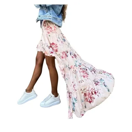 Eyicmarn Womens Elastic High Waist Beach Boho Floral High-Low A-Line Swing Maxi Skirt