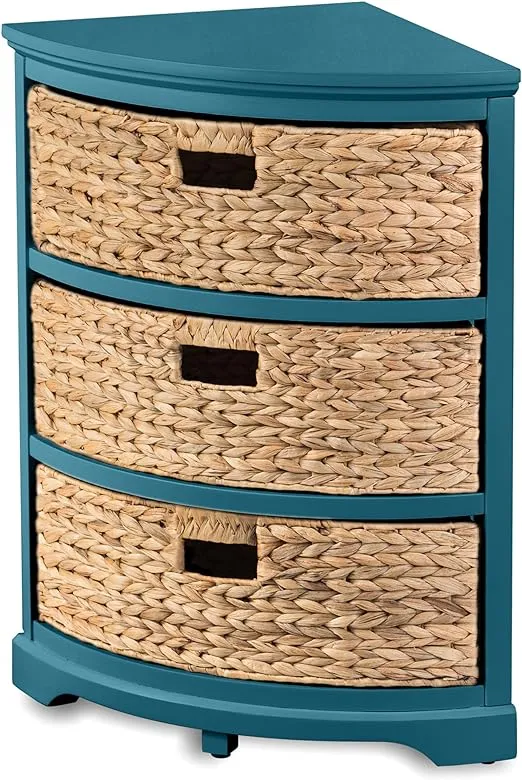 eHemco Hampton Meadows 3 Tier X-Side Corner Table Storage Cabinet with 3 Wicker Baskets, White