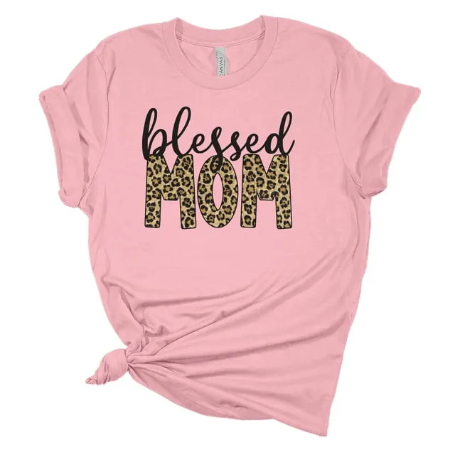 Women s Mother s Day Blessed Mom Leopard Print Short Sleeve T-shirt Graphic Tee-Pink-large