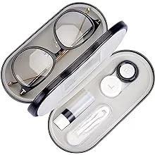 Muf 2 in 1 Double Sided Portable Contact Lens Case and Glasses Case,Dual Use Design with Built-in Mirror, Tweezer and Contact Lens Solution Bottle Included for Travel Kit(Black)