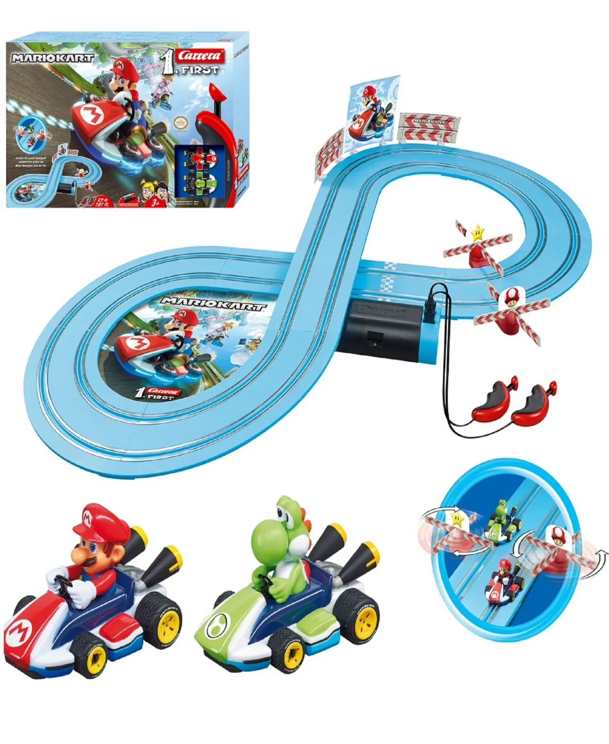 Carrera First Mario Kart - Slot Car Race Track with Spinners - Includes 2 Cars: Mario and Yoshi - Battery-Powered Beginner Racing Set for Kids Ages 3 Years and Up