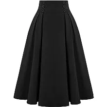 Belle Poque Women Vintage Skirt High Waist Pleated Skirt Midi A-Line Skirt with Pockets