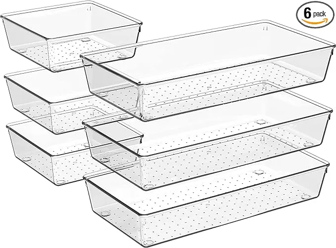 Criusia 6 Pack Large Size Clear Plastic Drawer Organizers, Versatile Acrylic Kitchen Drawer Organizer Stackable Bathroom Drawer Organizer Trays, Storage Bins for Makeup, Bathroom, Kitchen