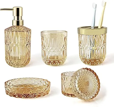 LaMarriti 5Pcs Clear Gold Glass Bathroom Accessory Complete Set, Lotion Dispenser, Soap Dish, Tumbler, Cotton Swab Jars, Toothbrush Holder Set,Bathroom Decor and Gift Set, Golden, Yellow-OrangeLaMarriti 5Pcs Clear Gold Glass Bathroom Accessory C…