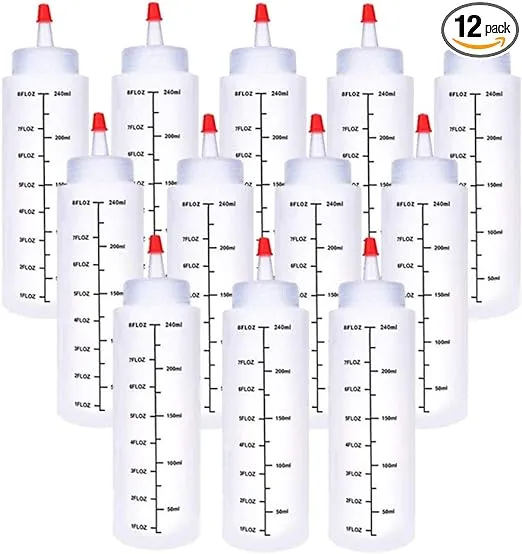 12 Pack 8oz/240ml Plastic Squeeze Bottles,Scale Plastic Squirt Bottle,Polyethylene Durable Plastic with Red Tip Cap and Black Scale for Ketchup,Sauces,Syrup,Dressings,BBQ,Crafts and More