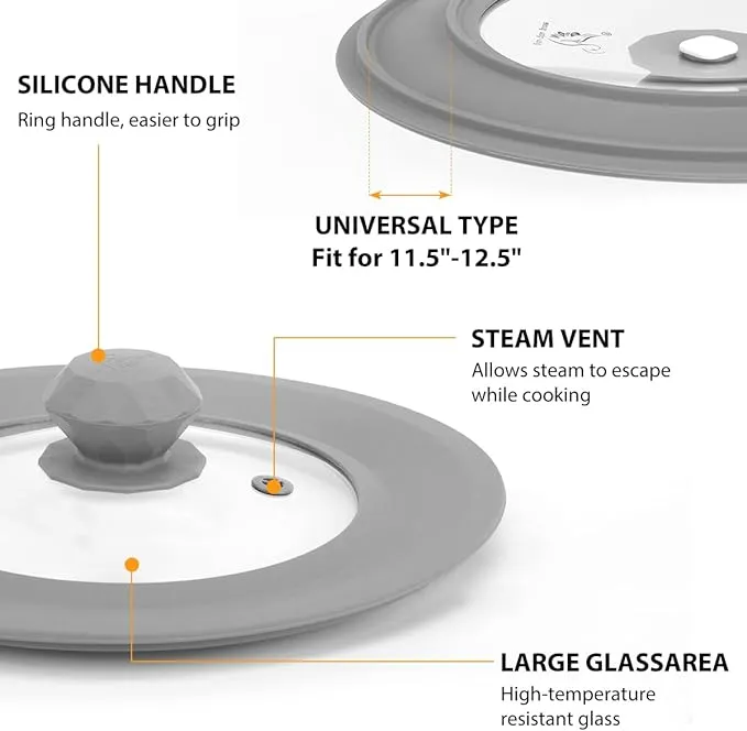 Vented Tempered Glass Universal Lid for Pot Pan Skillet with Heat Resistant Silicone Rim Microwave Splatter Lid Cover Microwave Safe Fit 11.5" 12" 12.5" Cookware, Dishwasher Safe Grey