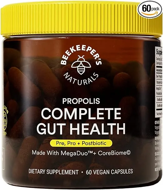 Beekeeper's Naturals Complete Gut Health, 3-in-1 Prebiotic, Postbiotic, Probiotics for Digestive Health & Bloating Relief for Women & Men, Propolis Powered, Gluten-Free Vegan Capsules, 60ct