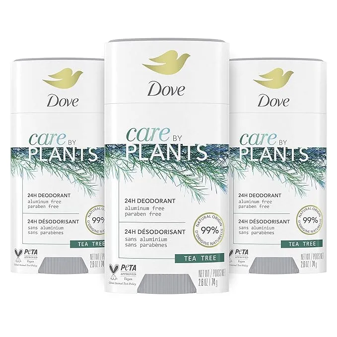 Dove Care by Plants Deodorant Stick for Long Lasting Deodorant Protection Tea Tree Aluminum Free Deodorant, 2.6 oz, Pack of 3