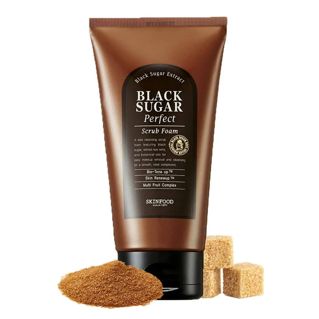 SKINFOOD Black Sugar Perfect Scrub Foam 180g - Detoxifying Pore Scrubs & Exfoliator Soft & Rich Bubble Facial Foam Cleanser, Removes Dead Skin Cells - Exfoliating Skincare for Men & Women (6.35 oz)