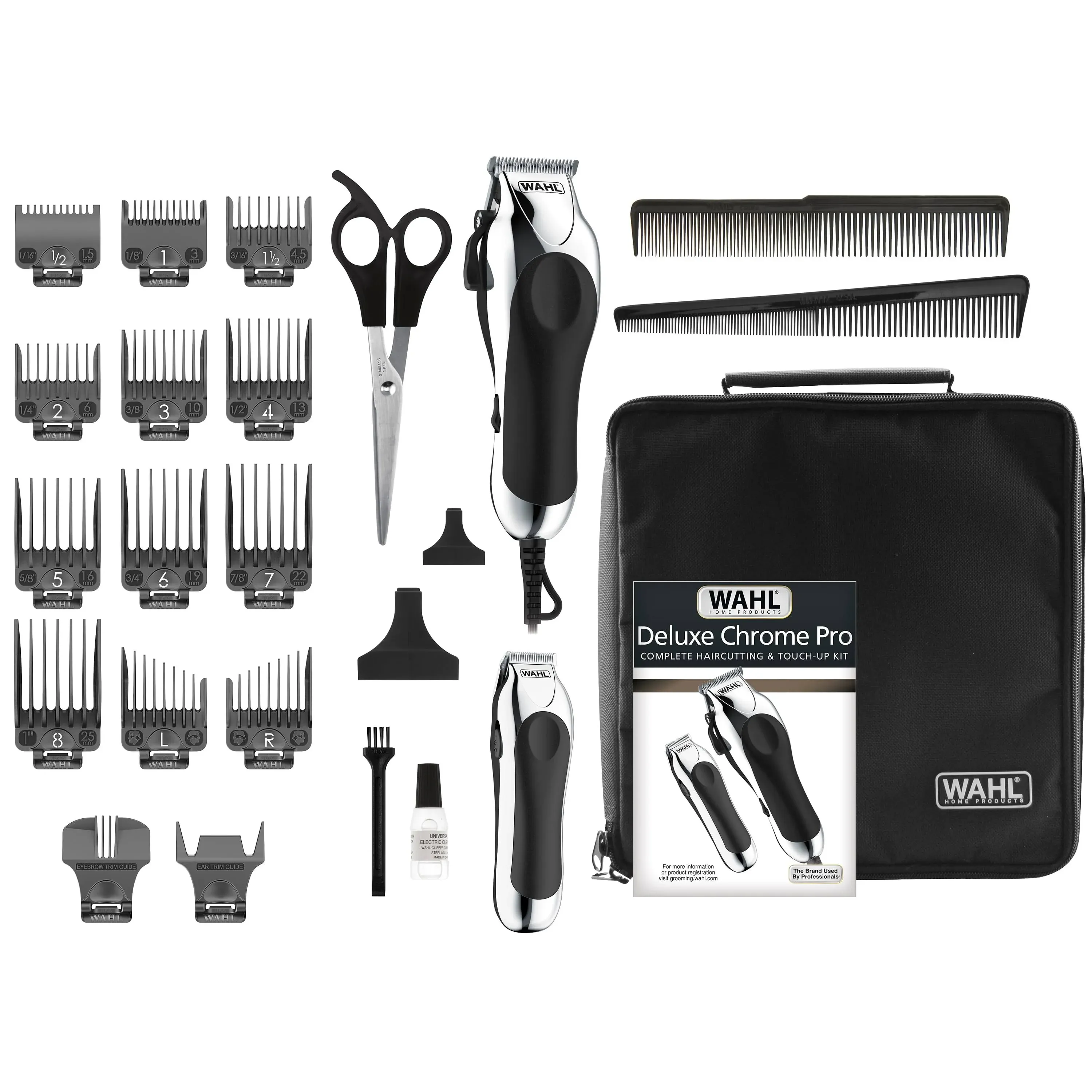 Wahl Clipper USA Deluxe Corded Chrome Pro, Complete Hair and Trimming Kit, Includes Corded Clipper, Cordless Battery Trimmer, and Styling Shears, for a Cut Every Time - Model 79524-5201M