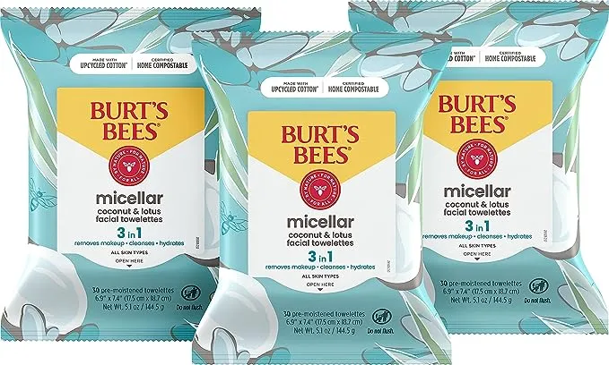 Burt's Bees Face Wipes, Makeup Remover Facial Cleansing Towelettes for All Skin Types, 3 in 1 Hydrating Micellar Cleanser with Coconut & Lotus Water, 30 Count (Pack of 3)