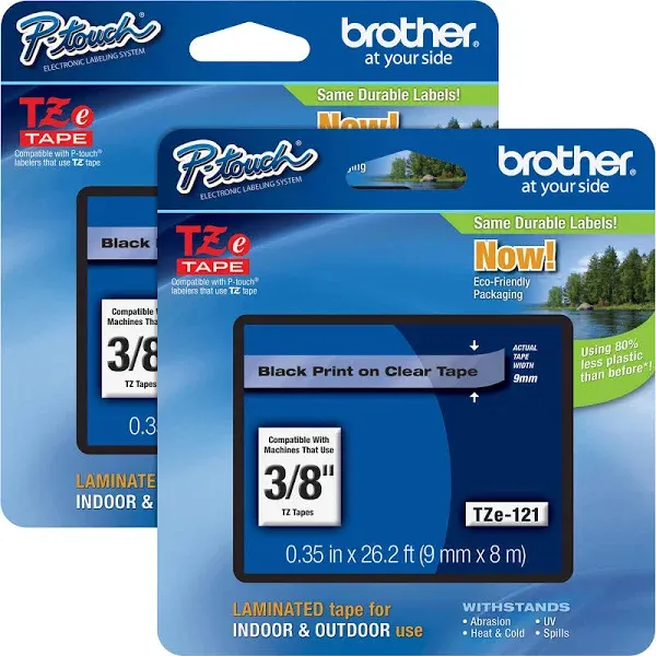 Brother P-Touch TZe Laminated Tape Cartridges - 3/8" - Rectangle - Clear - 2 / Bundle