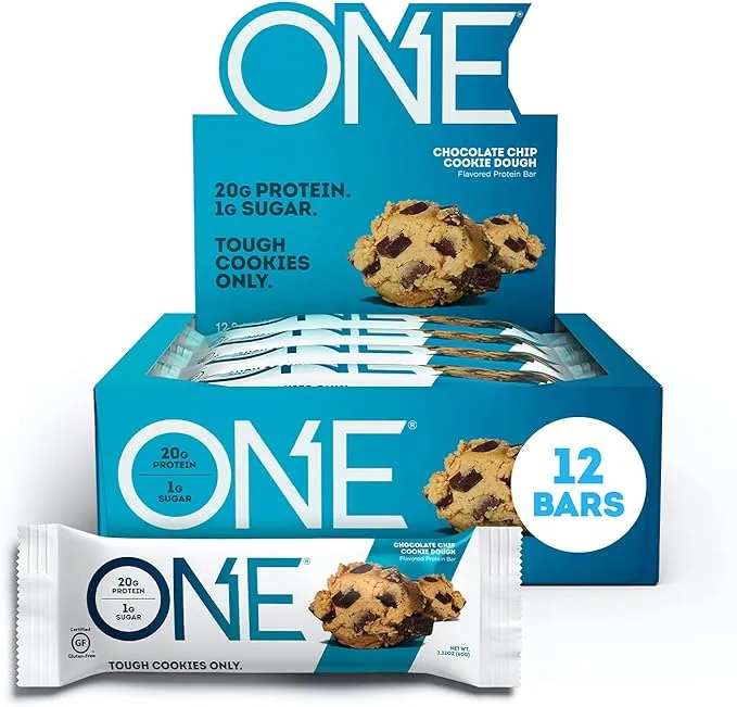 ONE Protein Bars, Chocolate Chip Cookie Dough, Gluten Free Protein Bars with 20g Protein and only 1g Sugar, Guilt-Free Snacking for High Protein Diets, 2.12 oz (12 Pack)