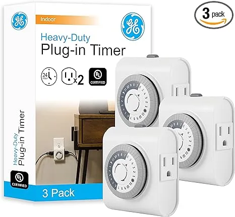 GE 24-Hour Heavy-Duty Indoor Plug-in Mechanical Timer, 3 Pack, 2 Grounded Outlets, 30-Minute Intervals, Daily ON/OFF Cycle, Lamps, Seasonal, Christmas Tree Lights, Holiday Decorations, 66404