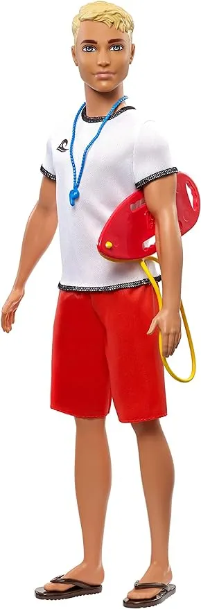 Barbie Ken Lifeguard Doll with Life Buoy, Whistle and Blonde Hair Wearing T-Shirt, Red Swim Trunks and Flip-Flops, Gift for 3 to 7 Year Old