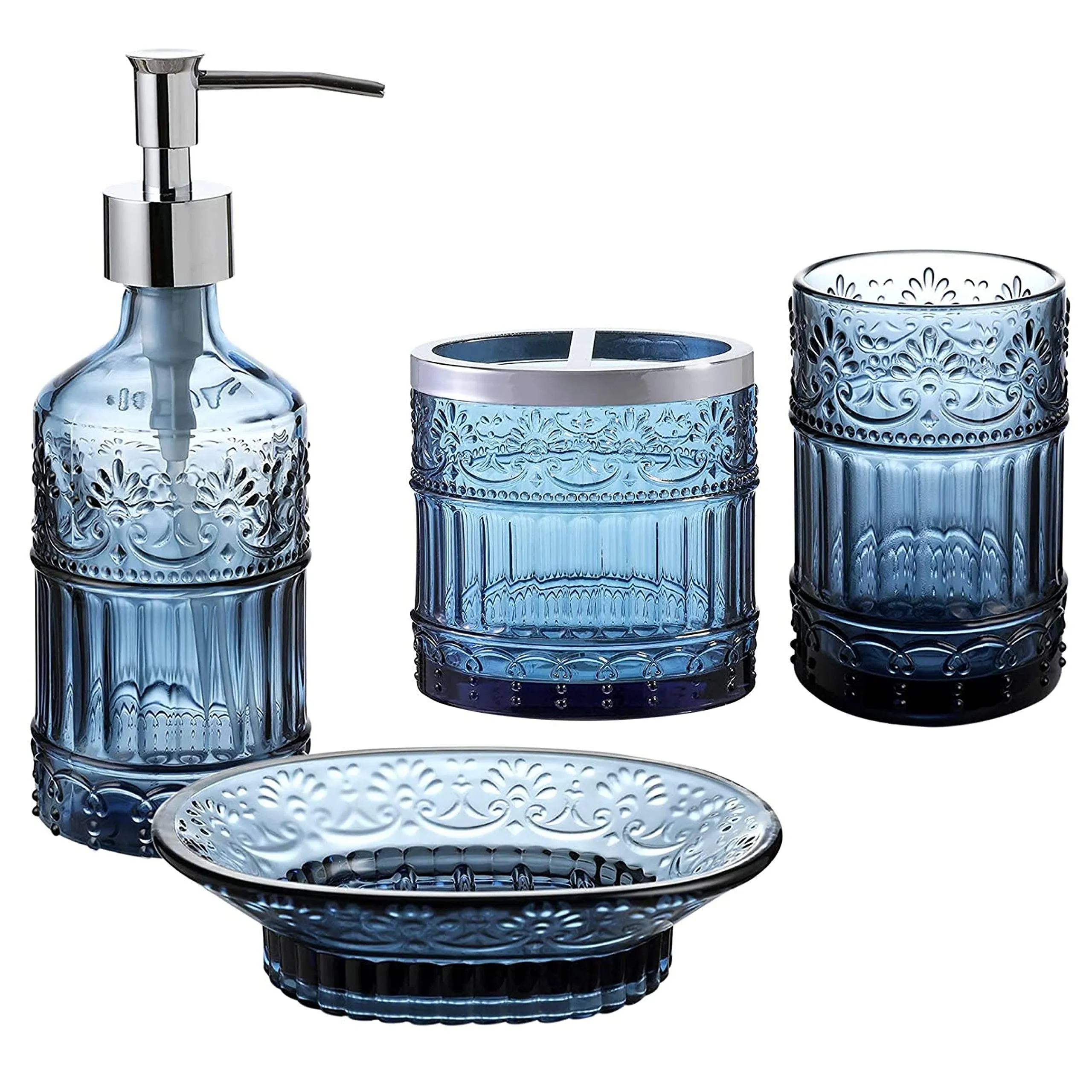 WHOLE HOUSEWARES | Premium Bathroom Accessory Set | 4-Piece Decorative Blue Glass Bathroom Decor Accessories Set | Soap Dispenser, Tray, Jar, Toothbrush Holder | Elegant Mosaic Glass (Blue)