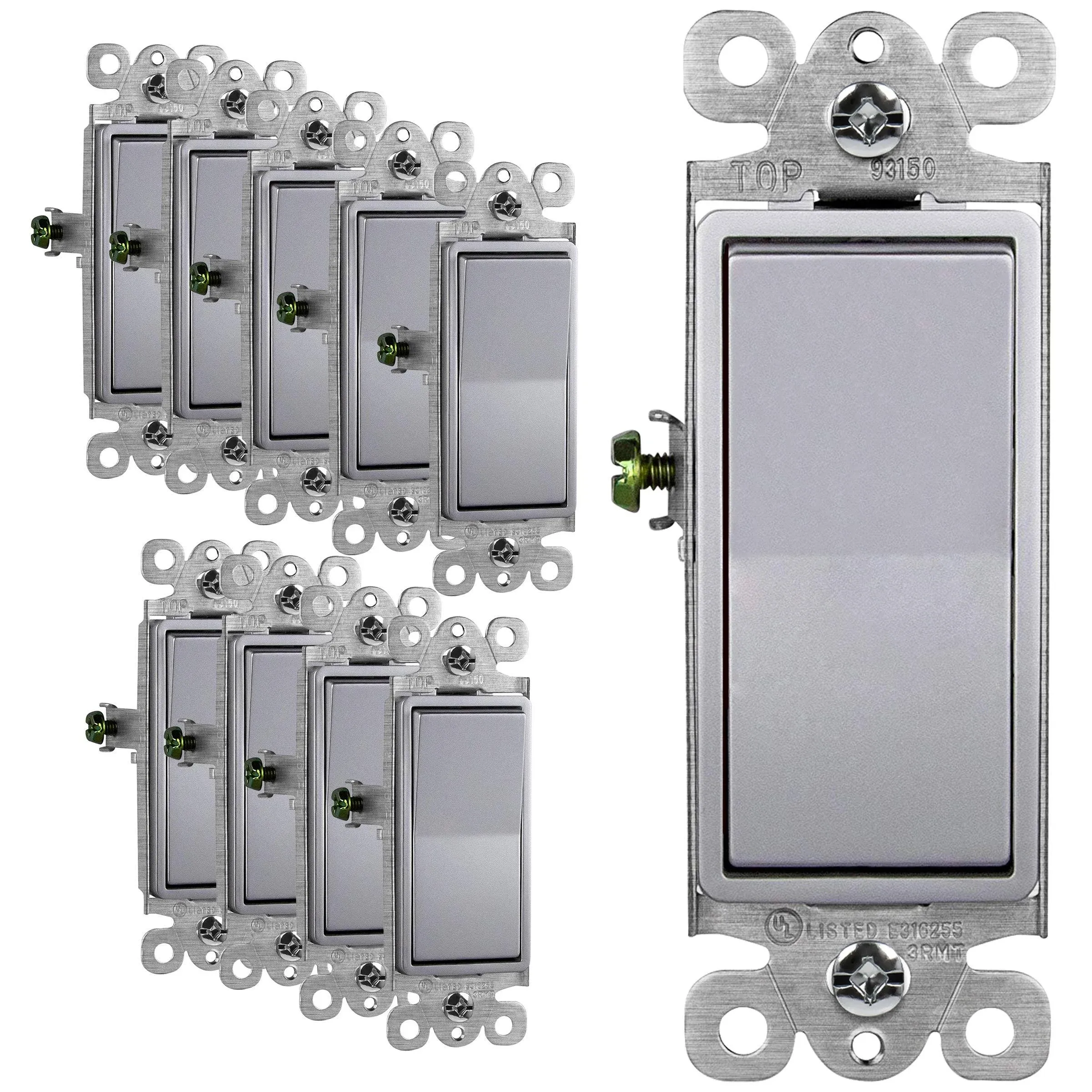 ENERLITES 3-Way Decorator Paddle Light Switch, Gloss Finish, Single Pole or Three Way, 3 Wire, Grounding Screw, Residential Grade, 15A 120V/277V, UL Listed, 93150-SV-10PCS, Silver, (10 Pack)