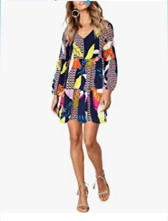 Women&#x27;s Tunic Dress Cute Printed V Neck Long Sleeve Casual Swing Ruffle Dress