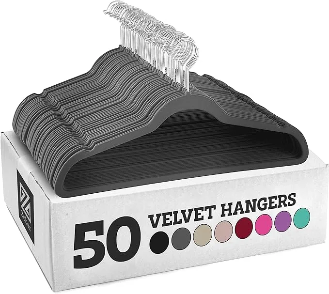 Zober Velvet Hangers 50 Pack - Heavy Duty Gray Hangers for Coats, Pants & Dress Clothes - Non Slip Clothes Hanger Set - Space Saving Felt Hangers for Clothing