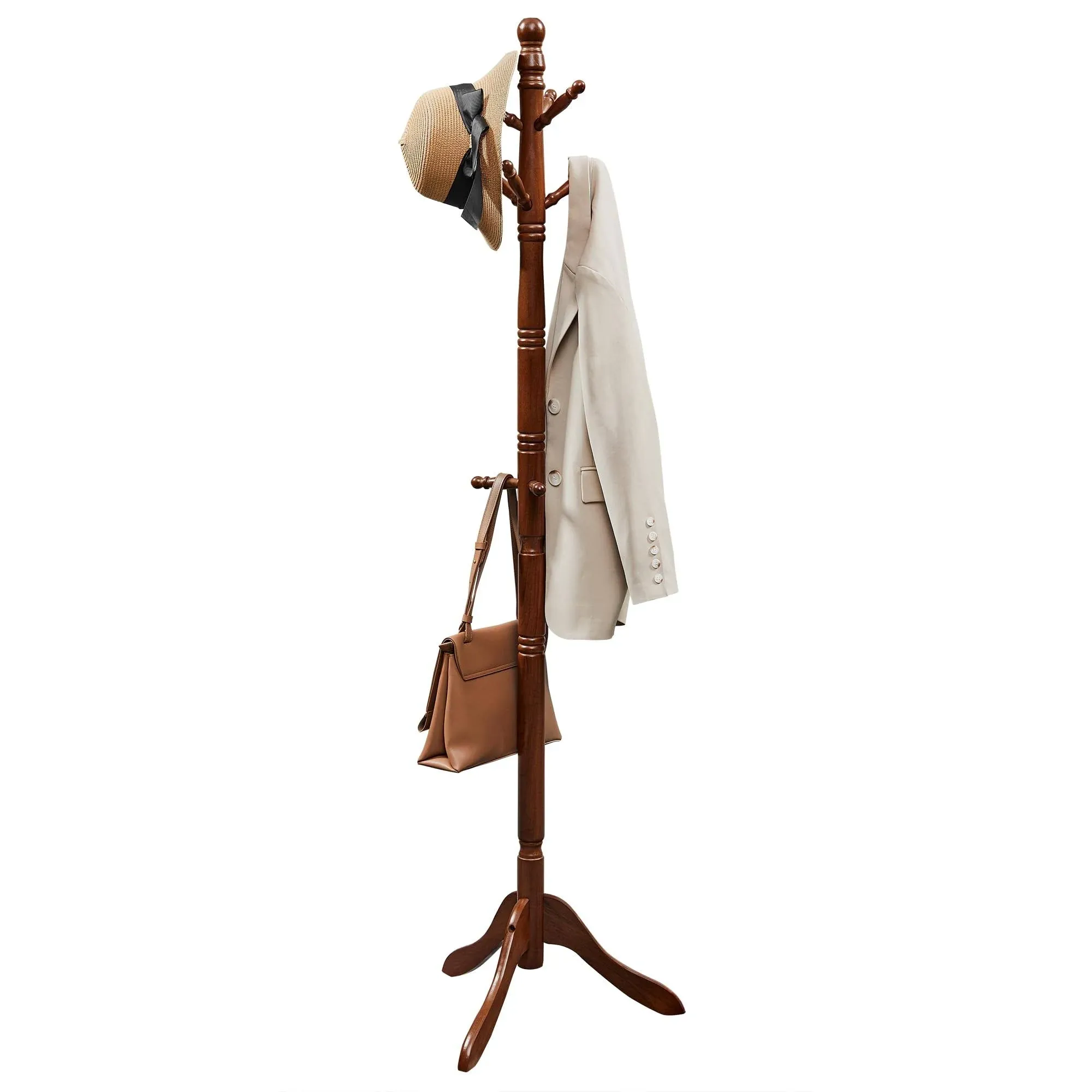 VASAGLE Coat Rack, Solid Wood Coat Stand, Free Standing Hall Coat Tree with 10 Hooks, White