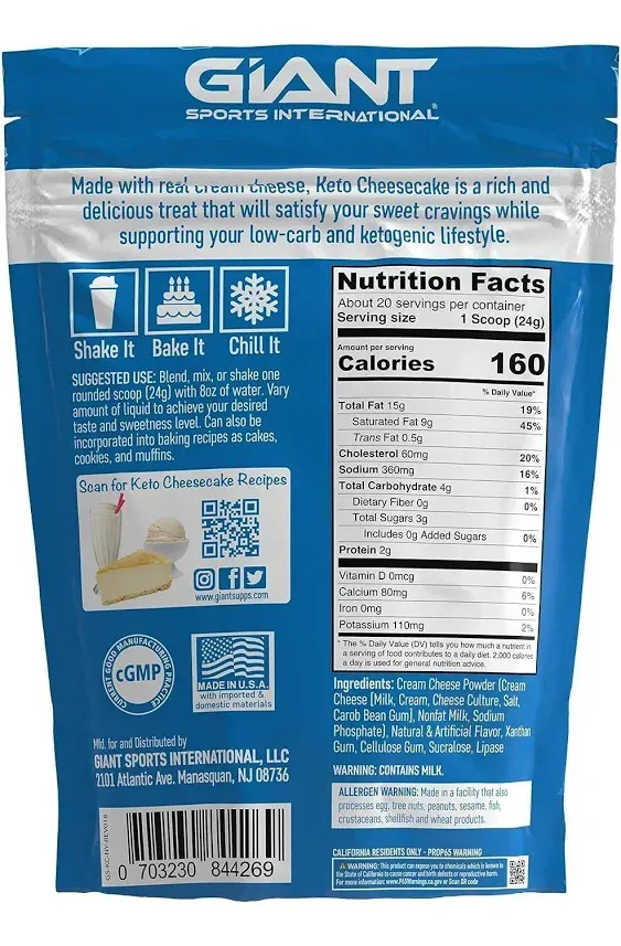 Giant Sports Keto Cheesecake Shake Mix - Delicious Low Carb, Ketogenic Diet Gluten Free Powder Mix - Works Great with Almond Milk - Strawberry (20 Serving Bag)