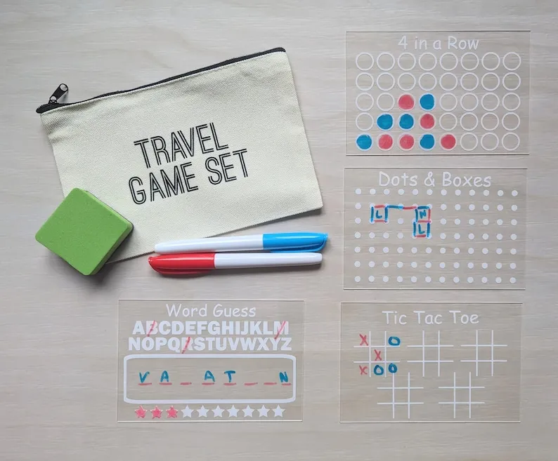 Travel Game Set for Kids - Reusable Dry Erase Games - Activity Bag - 4 Pack with Markers and Bag