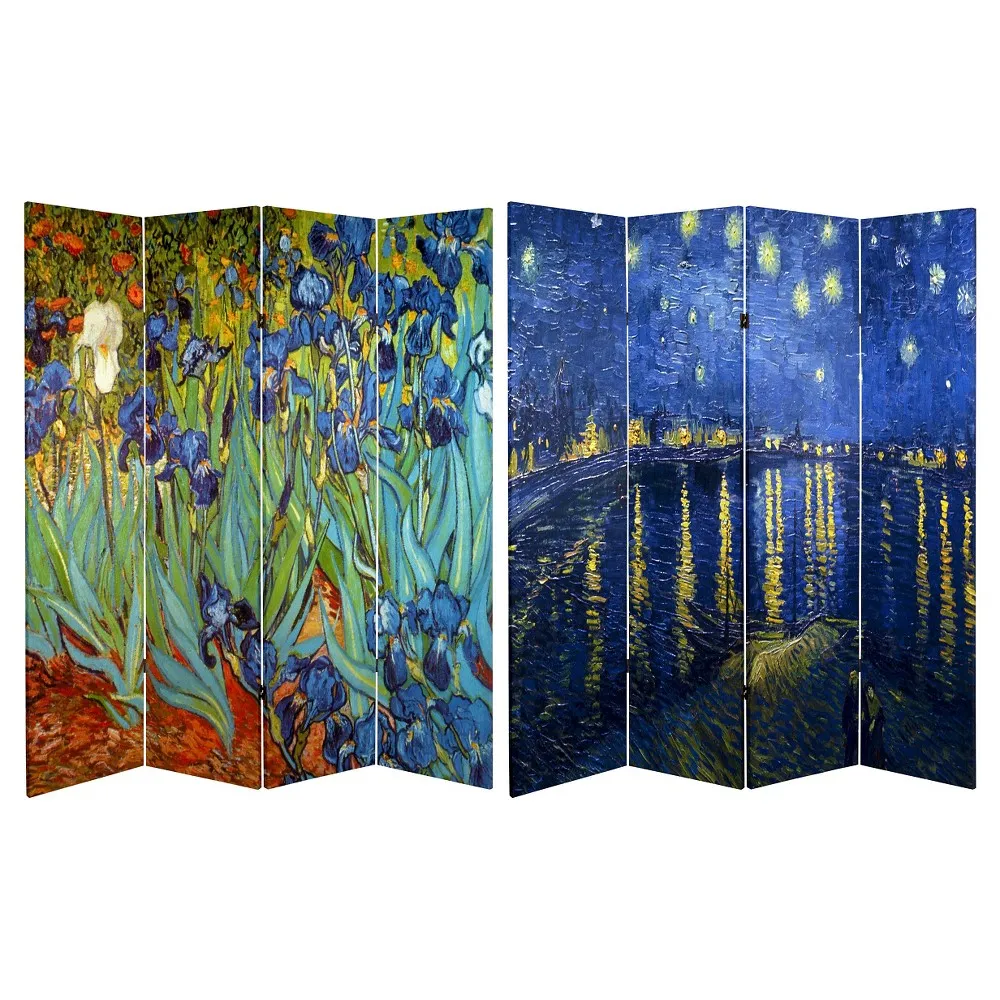 Red Lantern 6 ft. Tall Double Sided Works of Van Gogh Canvas Cafe View Room Divider, 71 inches high and 3 Panels wide, Terrace/Arles