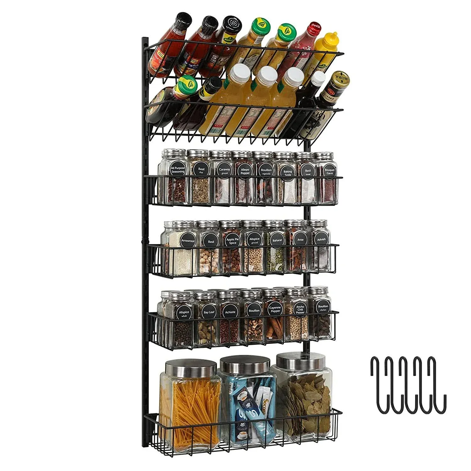 Wall Mounted Spice Rack Organizer 6 Tier Hanging Seasoning Holder Rack - Black