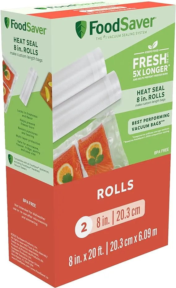 FoodSaver Vacuum Sealer Bags, Rolls for Custom Fit Airtight Food Storage and Sous Vide, 8" x 20' (Pack of 2)