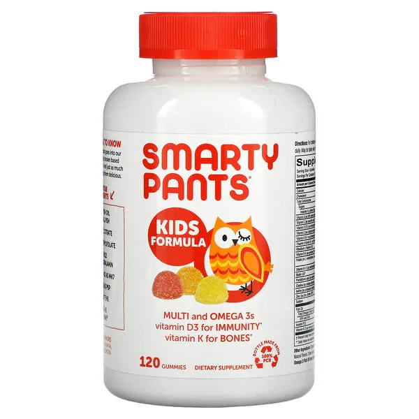 SmartyPants 儿童多种维生素软糖：Omega 3 鱼油 (EPA/DHA)、维生素 D3、C、维生素 B12、B6、维生素 A、K 和锌，用于免疫支持，不含麸质，三种水果口味，120 粒（30 天供应量）