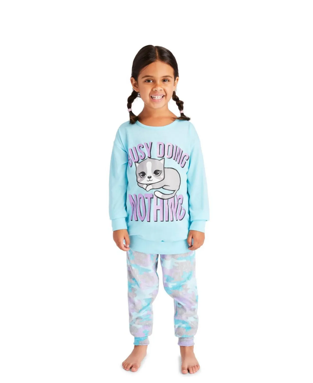 Toddler|Child Girls 2-Piece Pajama Set Kids Sleepwear, Long Sleeve Top and Long Pants Pj Set - Aqua Cat