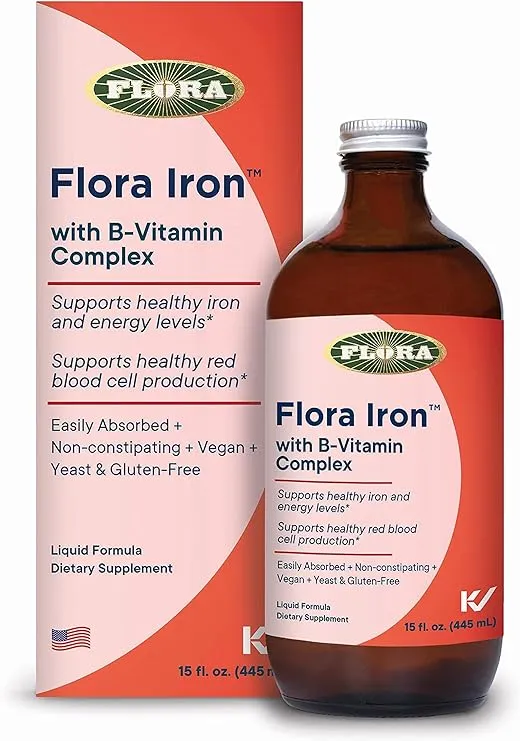 Flora - Iron with B-Vitamin Complex, Helps Maintain Healthy Iron Levels, Non-Constipating, Highly Absorbable Vitamin-B & Iron Supplement, Vegan, Yeast and Gluten Free, 7.7-oz. Glass Bottle