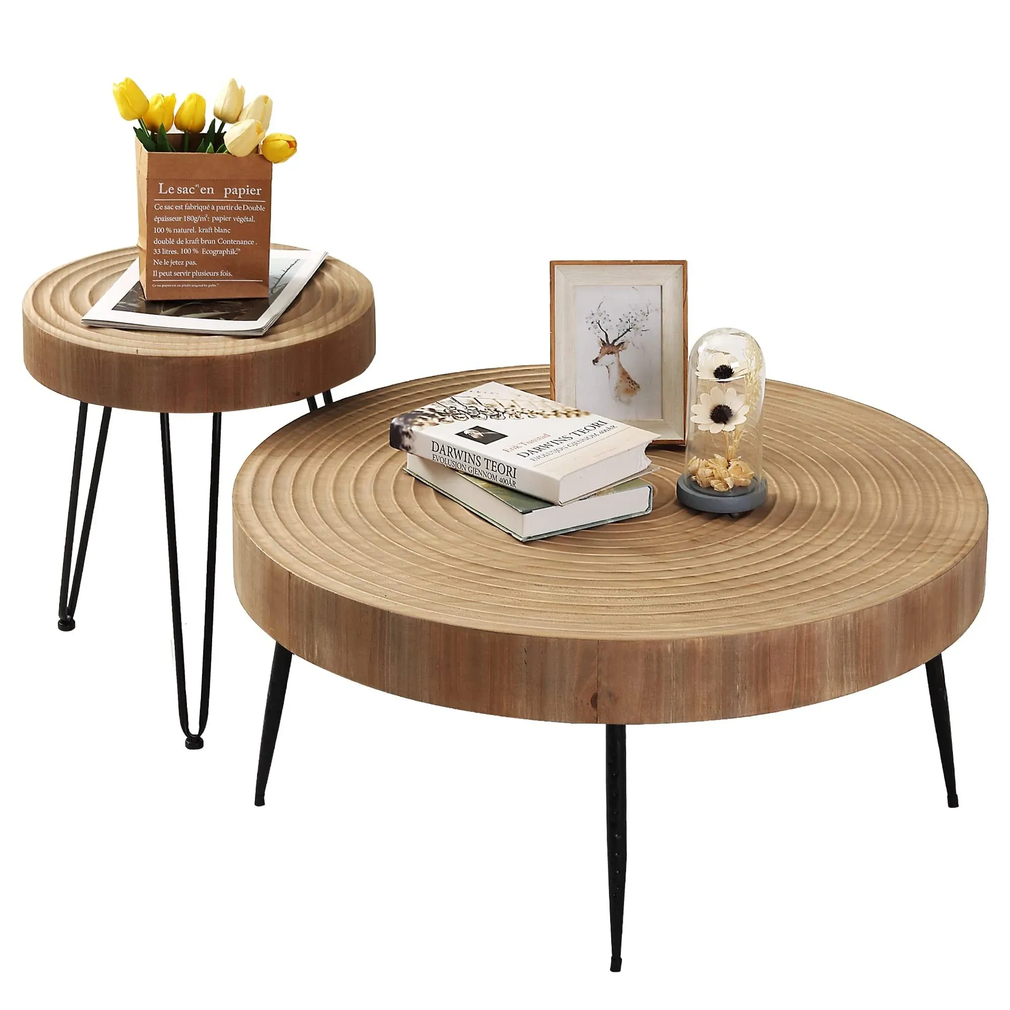 RUSTOWN Farmhouse Round Coffee Table Set of 2 Cocktail Table Set Modern Circle Natural Wood Finsh Side and End Table Sets for Li