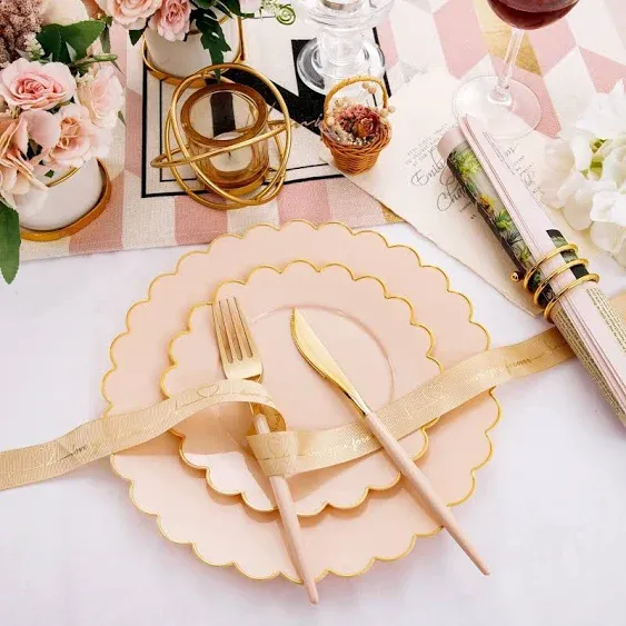 LIYH 60pcs Pink Plastic Plates with Gold, Disposable Plastic Plates Includes: 30 Pink Dinner Plates 10.25" and 30 Pink Dessert Plates 7.5" Gold Plastic Plates,Baby Shower Plates Daisy Plates