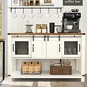 Yojfotoou Farmhouse Coffee Bar Cabinet with 2 Sliding Barn Doors, Modern Buffet Sideboard Cabinet with Open Shelf, White