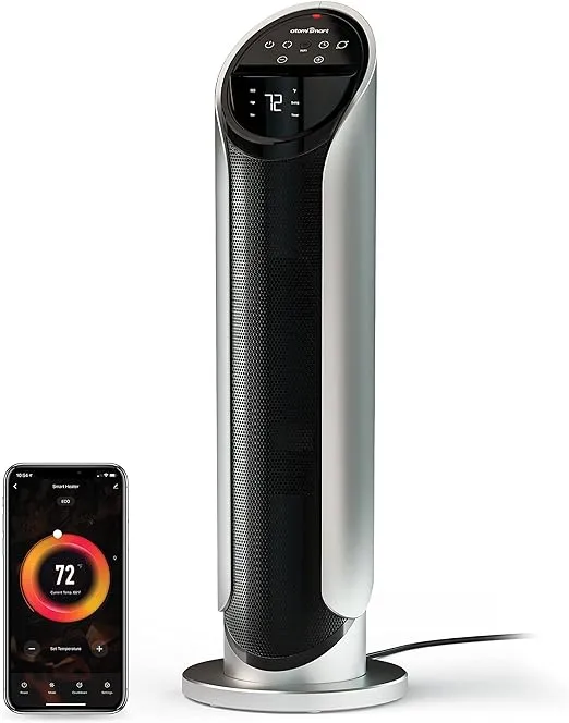 Atomi Smart WiFi Tower Heater –25” 1500W, Wide-Angle Oscillation, Medium Indoor Room Coverage, Overheating and Tip-Over Safety, 3 Heating Modes, App Control, Compatible with Alexa and Google Assistant