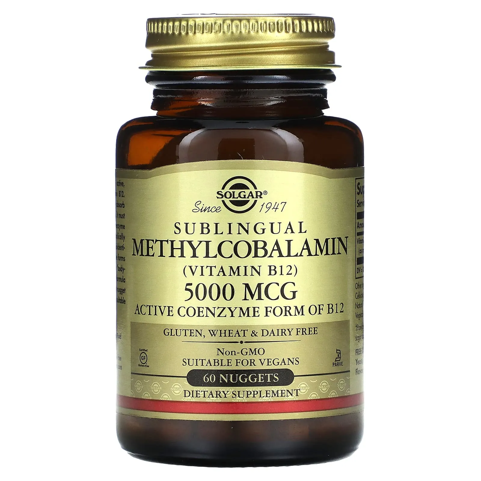 Solgar Methylcobalamin (Vitamin B12) 5000 mcg, 60 Nuggets - Supports Energy Metabolism - Body-Ready, Active Form of B12 - Vitamin B - Non GMO, Vegan, Gluten, Dairy Free, Kosher - 60 Count(Pack of 1)