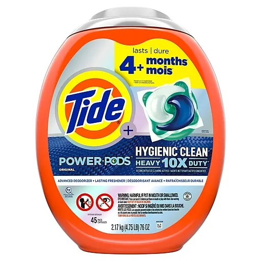 Tide Power PODs Hygienic Clean Heavy Duty Liquid Laundry Detergent Pacs HE Compatible 45 Count Hypoallergenic Free and Clear of Dyes and Perfumes For Visible and Invisible Dirt