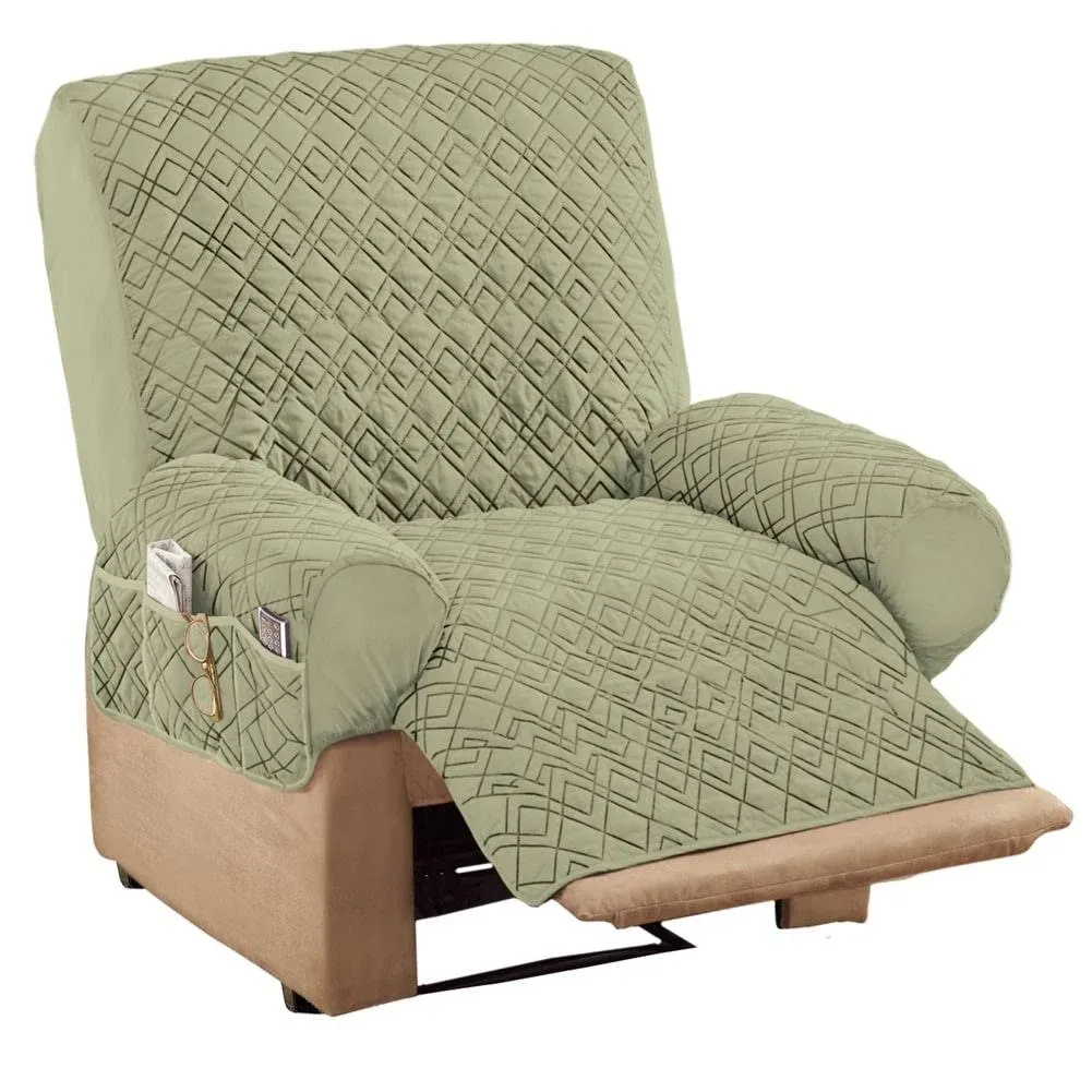 Diamond Quilted Stretch Recliner Cover with Storage - Sage