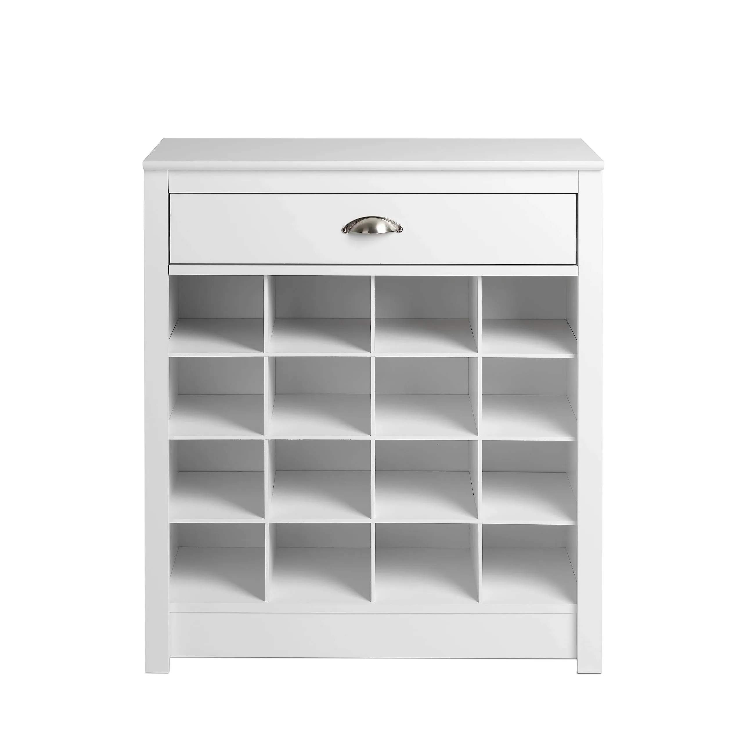 Prepac Entryway Shoe Storage Cabinet with 16 Cubbies and a Slim Top Drawer, White