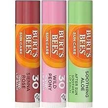 Burt's Bees Tinted Lip Balm SPF30 Stocking Stuffers, 2 Creamy Lip Stain Christmas Gifts with Sunscreen in Peach Peony & Deep Seinna Rose + Aloe Vera After Sun Soother, Post Exfoliator Scrub (3-Pack)