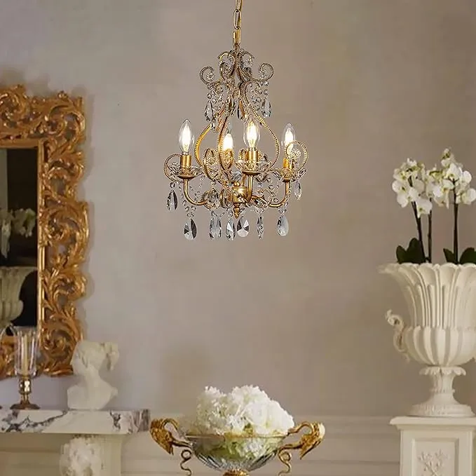 4-Light W14 in. French Country Chandelier Antique Gold Small Crystal Chandeliers for Dining Room Vintage Swag Lamp Candle Gothic Chandelier with Crystal Teardrop Beads for Bedroom Foyer