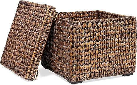 BIRDROCK HOME Seagrass Storage Cube Box with Lid - Decorative Seagrass Basket, Hand Woven Storage Basket for Blankets, Pillows, and More, Sturdy Metal Frame, Woven Organizer - Brown Wash