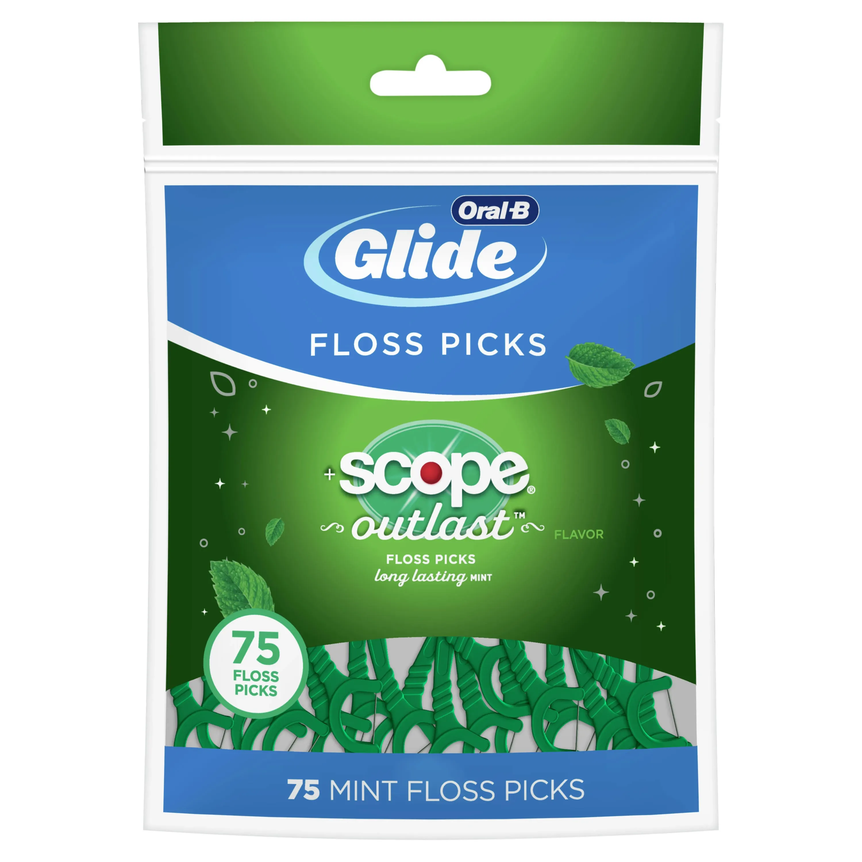 Oral-B Complete Glide Dental Floss Picks Plus Scope Outlast, Long Lasting Mint, 75 Dental Floss Picks, Pack of 6