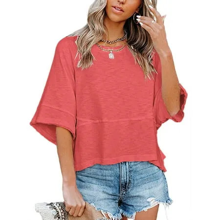 Women s Summer Casual Crewneck 3/4 Sleeve T-Shirts Solid Color Loose Fit Cute Basic Tops Tees Blouses