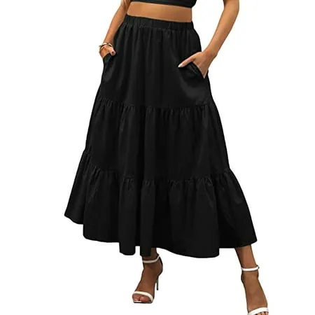 Liacowi Women s Skirt Boho Skirt Ruffle Maxi Skirts Boho Elastic Waist A-Line Swing Long Skirts with Pockets