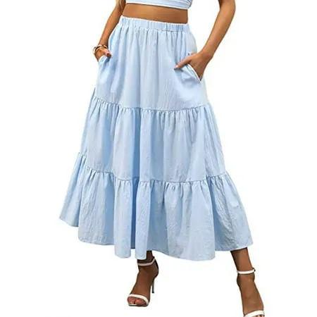 Liacowi Women s Skirt Boho Skirt Ruffle Maxi Skirts Boho Elastic Waist A-Line Swing Long Skirts with Pockets