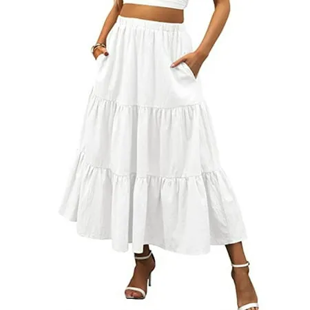 Liacowi Women s Skirt Boho Skirt Ruffle Maxi Skirts Boho Elastic Waist A-Line Swing Long Skirts with Pockets