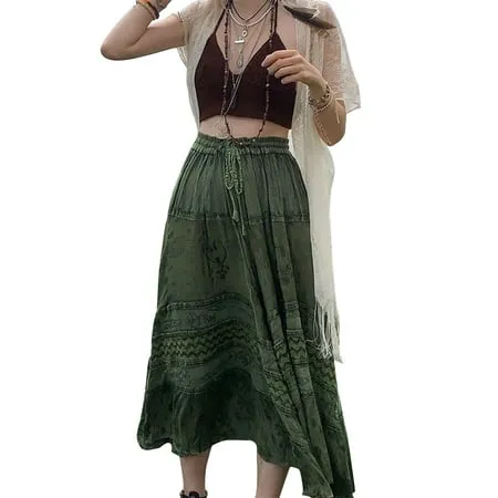 Canrulo Women Fairy Grunge Midi Skirt Vintage Boho Elastic High Waist A Line Layer Ruffle Swing Maxi Skirt E-Girls Streetwear Green M