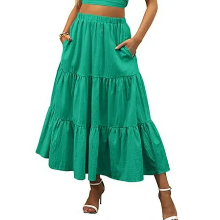 Liacowi Women s Skirt Boho Skirt Ruffle Maxi Skirts Boho Elastic Waist A-Line Swing Long Skirts with Pockets